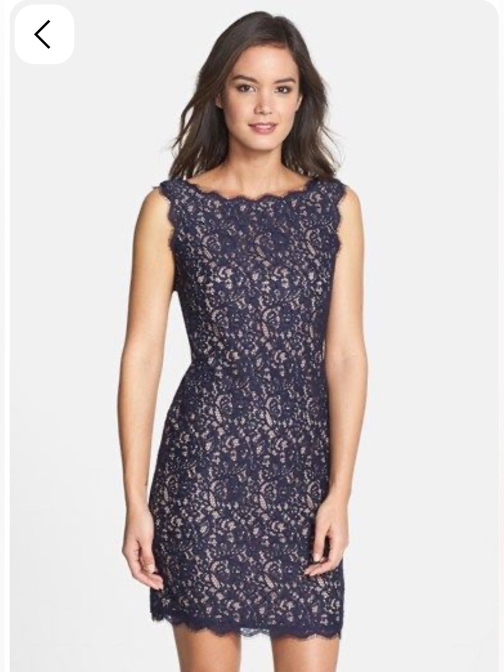 Adrianna Papell Navy Blue Sleeveless Boatneck Lace Sheath V Back Dress Sz 6